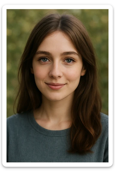 a sweet brunette girl with blue eyes, delicate features, warm and approachable look sticker