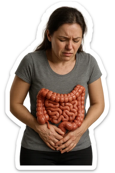 DONNA CON INTESTINO ANATOMICO REALISTICO IN EVIDENZA E MAL DI PANCIA, IPERREALISTICO 4K sticker