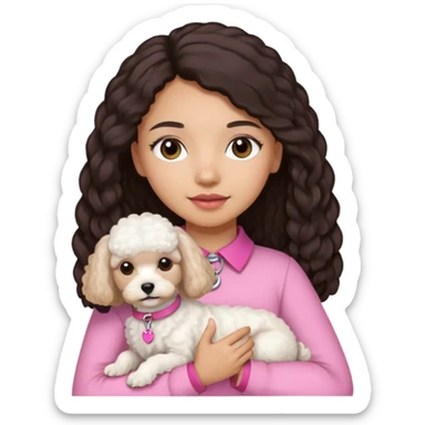 Mixed girl with long hair holding on the hands white maltipoo wear on pink collar sticker