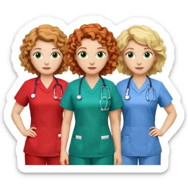 3 nurses: nurse 1 is wearing green work clothes, curly hair, middle european. nurse 2 is wearing blue work clothes, blond hair, scandinavic, nurse 3 is wearing white work clothes, red hair. they all stand in a classroom, "Academy" written in white on board sticker