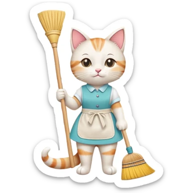 A cute cartoon cat wearing a tiny apron, holding a small broom, sweeping the kitchen floor with a playful expression. The background shows simple kitchen elements like a cabinet and a fridge. Bright and cheerful colors. sticker