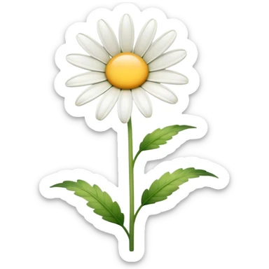 Cinematic Realistic Daisy Emoji, Cheerful and pure, with bright white petals surrounding a sunny yellow center, standing proudly atop a slender green stem. The soft, vibrant petals seem to radiate positivity, while a few green leaves frame the delicate flower. Soft glowing outline, capturing the essence of simplicity, innocence, and happiness in a single daisy. sticker