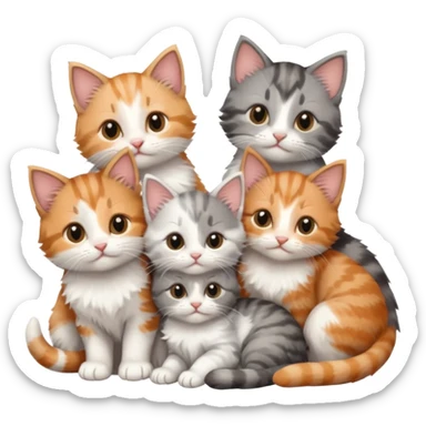 6 tiny kittens cuddling together all various different natural colours including grey and white, ginger and white, calico, grey, and brown tabby and white sticker