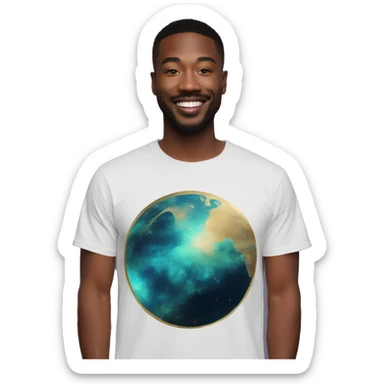 Person wearing T shirt with vintage gilded earth on it and nebulas t shirt sticker