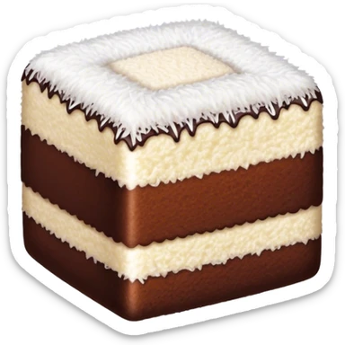 Lamington Cinematic Realistic Lamington Dessert Emoji, depicted as a sponge cake square coated in chocolate and dusted with coconut on all sides, rendered with lifelike textures and vibrant, tropical lighting. sticker