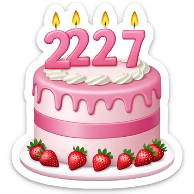 Pink birthday cake with the number 27 as candles on it and strawberries  sticker