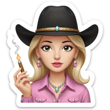White girl, long black eyelashes, black cowboy hate with hat band sparkling, long light brown straight hair, pink and black western shirt, smoking a joint,  big white diamond stud earrings sticker