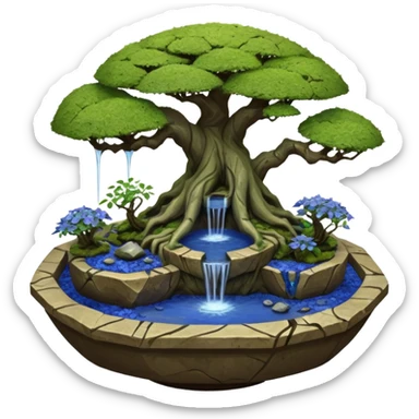 Alien saucer jungle-vines fountain mountain-island landscape antique mudman very old broken cracked intricate Stone Age lapis-crusted irregular dodecagon-shaped shallow dark moss rough bark blue serissa flowered maple tree bonsai pot sticker