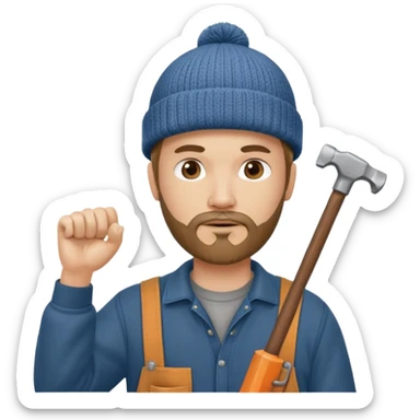 Woodworker goatee knit cap Carharttk shirt hand raised above head sticker