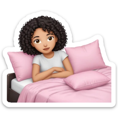 Mixed-race woman with caramel skin and black curly hair, lying on a white bed with pastel pink pillows, peaceful expression sticker