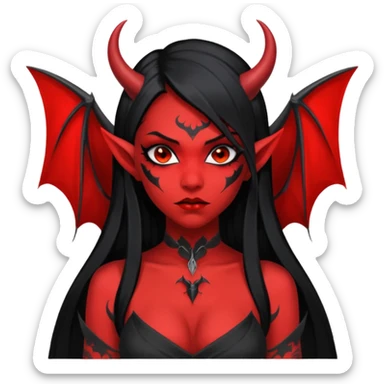 Full red-skin demon girl (entire body red), long black hair, small red horns, pointed ears, single bat wing, black open-back dress, bold tattoo-flash comic linework, red/black/gray, dark background, no text. sticker