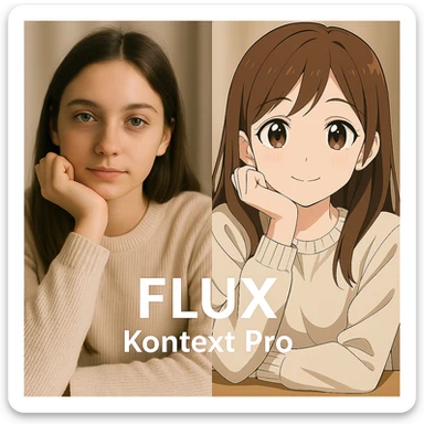 replace the logo with the text of "FLUX kontext pro" without black background just text, keep everything else same sticker