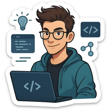 a smart coder, creative, clever, with glasses, modern tech style sticker