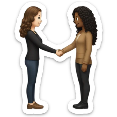 mid-sized pale woman with straight brown hair shakes hands with a tan mid-sized woman with black curly hair sticker