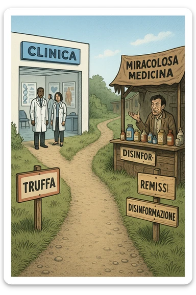 two paths diverge—one leads to a trustworthy clinic with doctors and scientific posters, the other to a shady stand selling “miracle” medicines with exaggerated claims. Signs along the second path warn of scams and misinformation. The scene encourages viewers to choose reliable, science-based healthcare. in italiano sticker