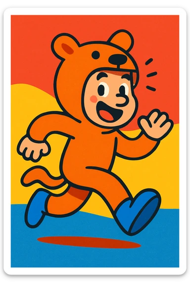 man in an animal costume running, playful style, bright colors, energetic cartoon style sticker