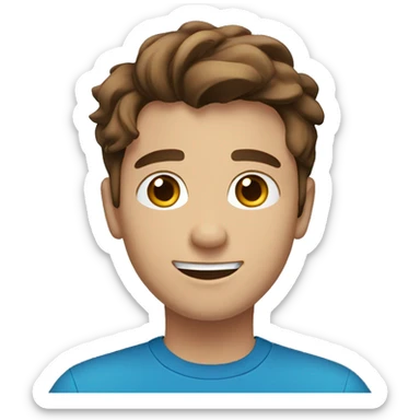 22 years old man with brown hair and black eyes with blue tshirt happy face sticker