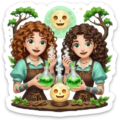 forest alchemist duo two women curly long hair tattooed and short brown mullet mixing glowing moon potion together excited faces sticker