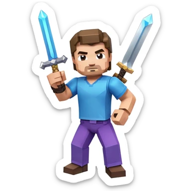 Jack Black as Minecraft Steve in combat pose holding sword, blocky character with brown hair, blue shirt, and purple pants sticker