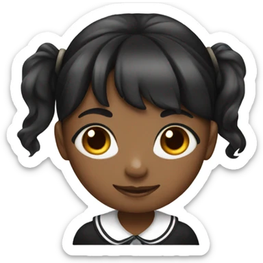 A black schoolgirl with bangs holding a black spotted sticker