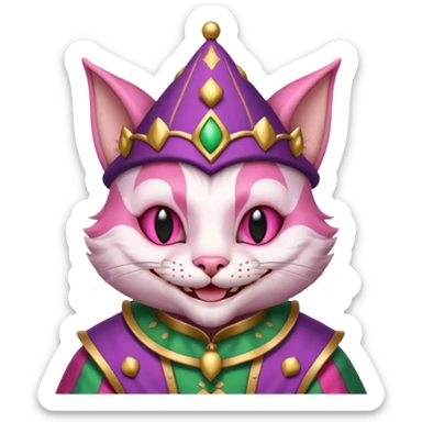 court jester cat medieval, single poker card joker clearly visible, pink, face only sticker