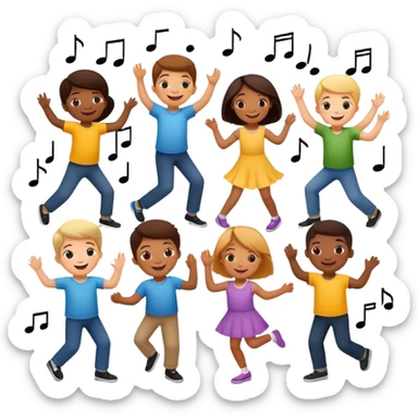 group of children dancing with music notes, fun and friendly sticker
