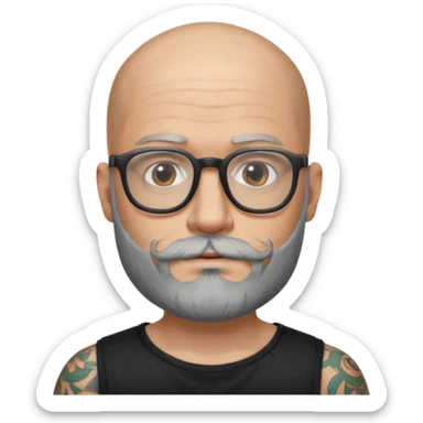 Bald man with salt and pepper beard and glasses and tattoos sticker