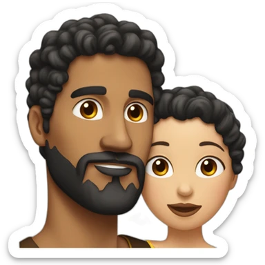 Brown man with a smooth black hair cut fade and a black beard kissing a White woman with long brown curly hair sticker