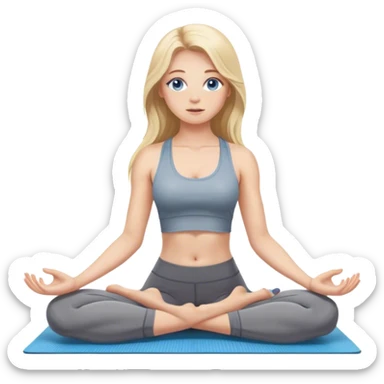 A cinematically realistic blonde with long hair and blue eyes, dressed in a gray tank top and leggings, does yoga on a mat sticker