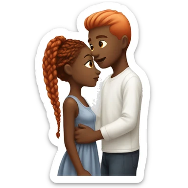 black girl with light brown braids kisses white boy with red hair sticker