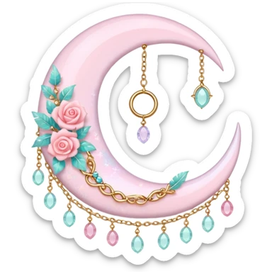 Rosy shiny glossy sparkly romantic pastel crescent damask moon with rose quartz pastel vines pastel gems pastel beads with feathers and chains  sticker