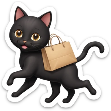 A cute black cat emoji in Apple-style, shown in side view like 🏃, running on four legs with a shopping bag in its mouth. Smooth gradients, soft shading, rounded features, and cheerful mood. sticker
