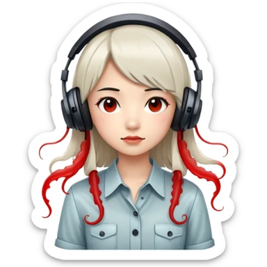 Pale Asian girl with a long black jellyfish cut with red highlights and wearing a button up shirt and headphones  sticker
