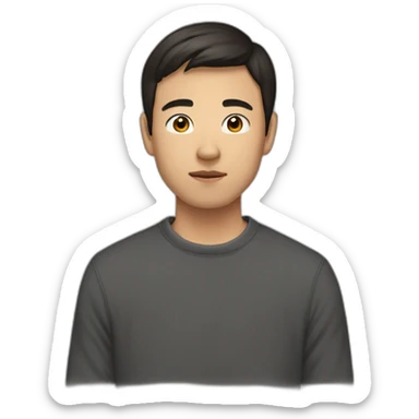 half asian half caucasian 21 year old man with very short dark brown hair wearing crewneck sticker