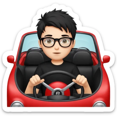 generate a pretty bratz fair skinned boy with black messy hair wearing a black tshirt driving a red car. Glasses on.  sticker