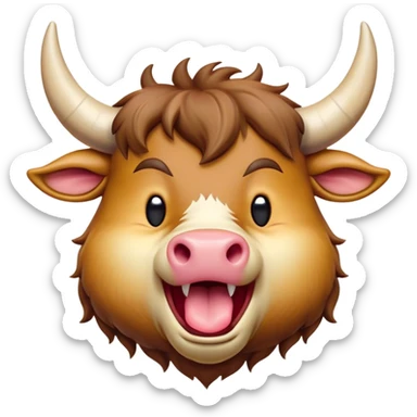 Cinematic Cute Yawning Domestic Ox Portrait Emoji, Head tilted slightly with a dramatic, wide-open yawn, showcasing a soft, textured hide with drooping horns and half-closed, drowsy eyes, Simplified yet irresistibly adorable features, highly detailed, glowing with a soft, cozy natural glow, high shine, relaxed yet expressive, stylized with a dash of pastoral whimsy, soft glowing outline, capturing the essence of a sleepy yet affectionate ox that seems ready to stretch out for a nap! sticker