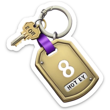 antique silver brass hotel key with large purple leather room number tag sticker