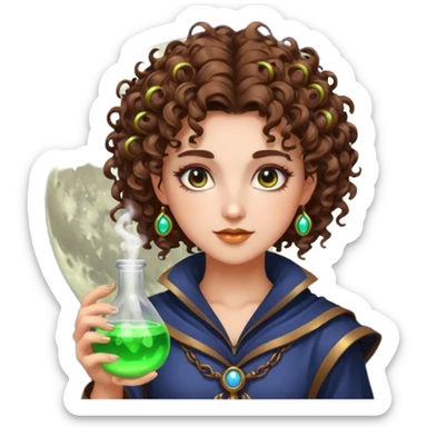 moon punk druid woman short tight curly brown hair glowing potion sticker
