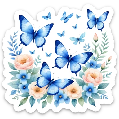 "A delicate watercolor painting of blue butterflies and dragonflies fluttering among soft floral patterns."
 sticker
