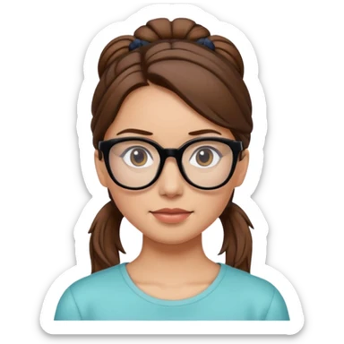 woman with brown hair tied in a ponytail and black frame glasses sticker
