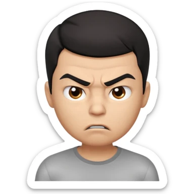 Create a 3D cartoon-style boy character with light brown skin, short straight black hair swept to one side covering part of his forehead, and an angry or annoyed expression. Sharp eyebrows, narrowed eyes, and lips pressed in irritation. sticker