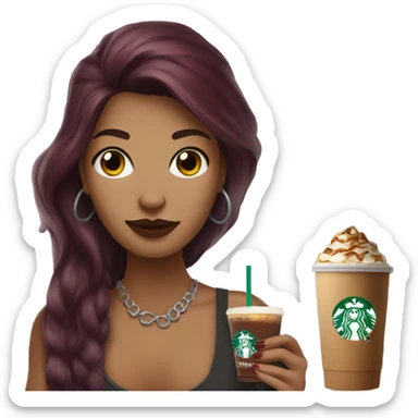 Beautiful tattooed  burgundy long haired woman holding a Starbucks drink sticker