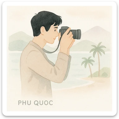 soft watercolor illustration in a minimalist modern style of a black-haired man holding a professional camera taking pictures in a scenic location of Phu Quoc island, pastel colors, delicate linework, gentle whimsical mood, minimal soft shading sticker