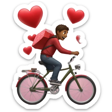 Boy on bicycle runs over a valentine heart sticker