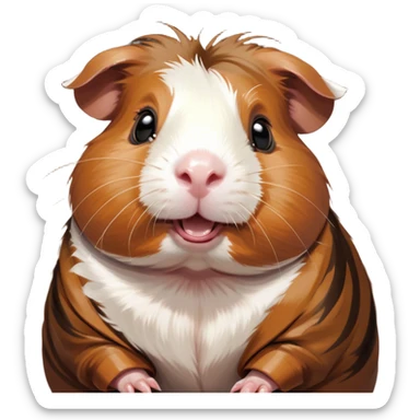 Cinematic Comical Brown and White Banded Guinea Pig Portrait Emoji, Head tilted dramatically with an exaggeratedly amused expression, featuring a striking coat with bold brown and white banding, wide, expressive dark eyes filled with playful disbelief, Simplified yet hilariously expressive features, highly detailed, glowing with a slightly sassy glow, high shine, dramatic yet playful, stylized with an air of cheeky mischief, bright and endearing, soft glowing outline, capturing the essence of a spirited and over-the-top guinea pig, so meme-worthy it feels like it could side-eye its way into internet fame instantly! sticker