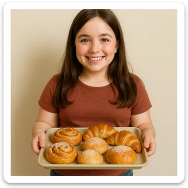 sweet brunette girl with short legs, long hair, light eyes, smiling while holding a tray of baked goods sticker