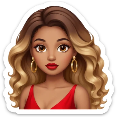 light brown skin tone, very beautiful woman, with big plump lips, long long lashes, ombre wavy long hair, brown eyes, red dress, gold hoop earrings sticker