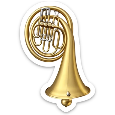 Create an elegant and refined emoji representing the Arnolds & Sons AHR-563-TERRA horn. The design should feature the intricate, shiny brass body of the horn with its signature wide bell and beautifully coiled tubing. The horn should be highly polished with subtle accents that reflect its craftsmanship. Use golden brass tones and light reflections to highlight the luxury and sophistication of the instrument. Add delicate musical notes to evoke its melodic sound. The background should be transparent. sticker