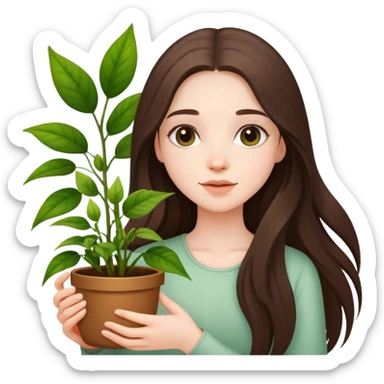 beautiful pale brunette girl with long hair holding plants  sticker