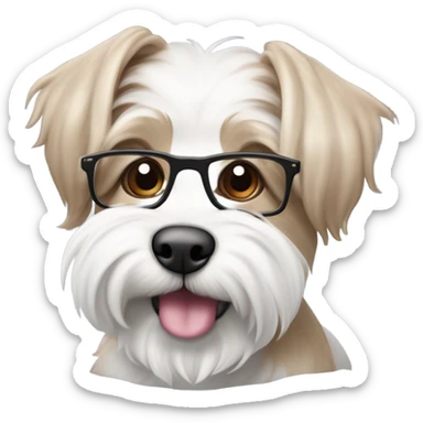 Dos perritos terrier tibetano, el macho de color blanco con un moño azul y la hembra blanca con una sola oreja de color marrón y un lazo rosa siendo abrazados por una chica de piel clara, cabello lacio de color rubio castaño, con lentes y ojos marrones  sticker